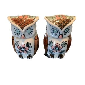 Pair of Porcelain Owl Toothpick Holders Vintage
